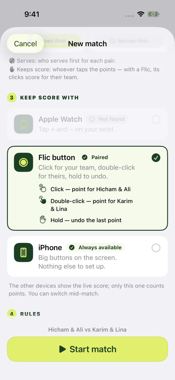 Choosing the Flic button to keep score: click, double-click and hold
