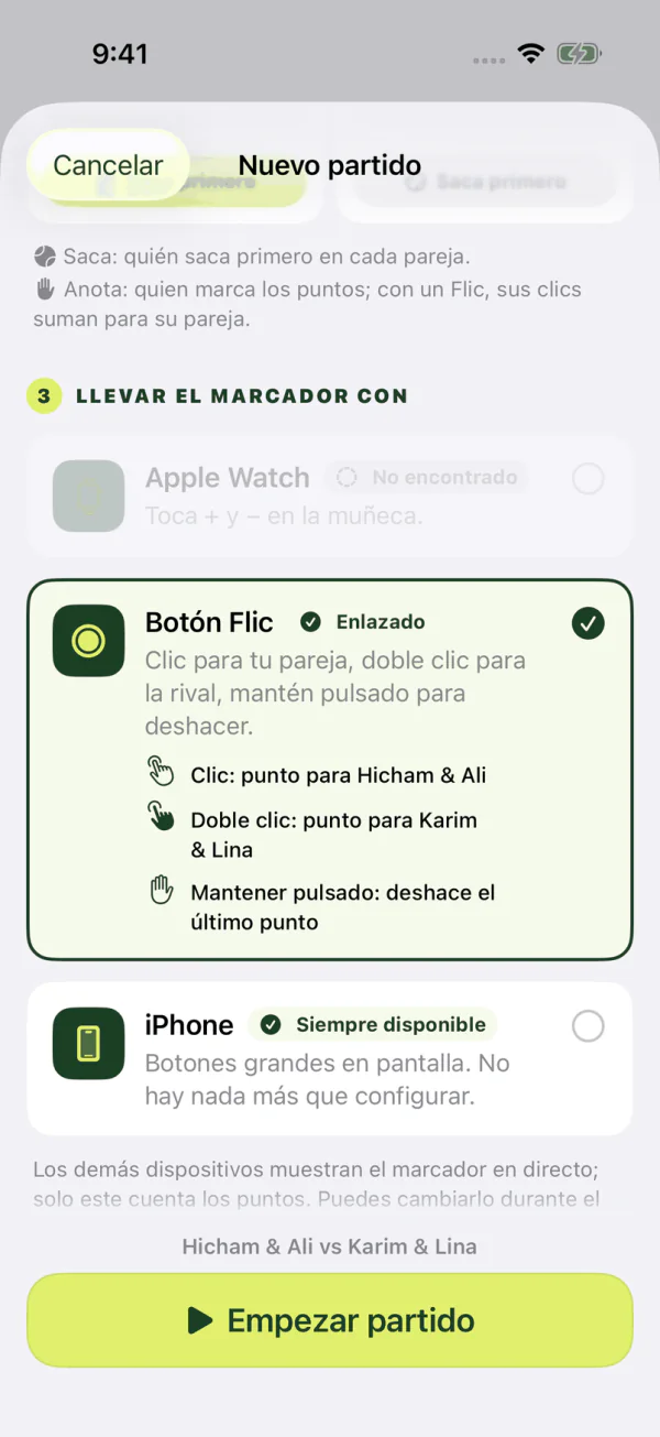 Elección del botón Flic para llevar el marcador: clic, doble clic y mantener pulsado