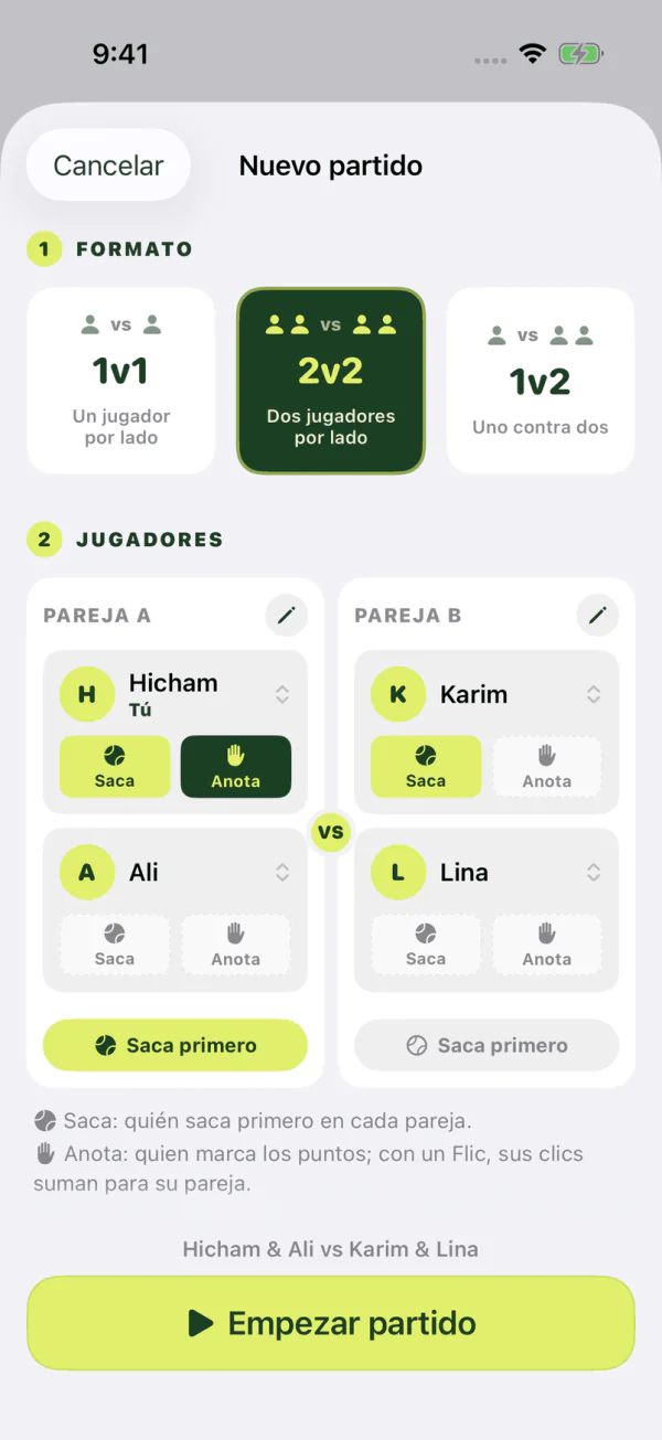 Pantalla de nuevo partido con los formatos 1v1, 2v2 y 1v2 y los papeles de cada jugador
