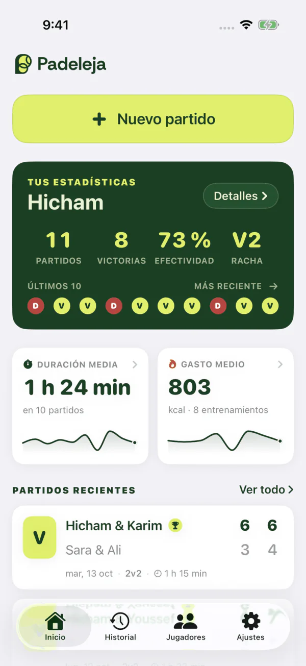 Pantalla de inicio de Padeleja: tus estadísticas, tu forma reciente y tu último partido