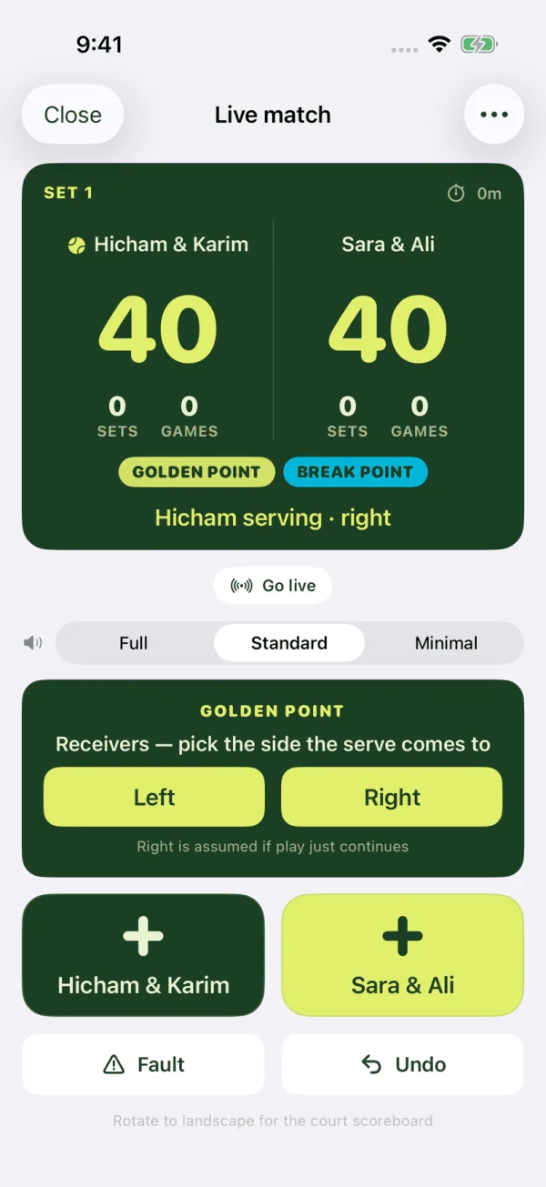 Live match screen at 40–40 with the golden point and break point badges