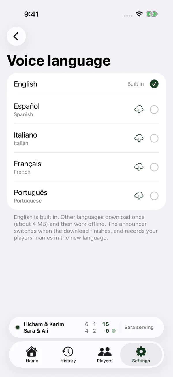 Voice language settings with English, Spanish, Italian, French and Portuguese