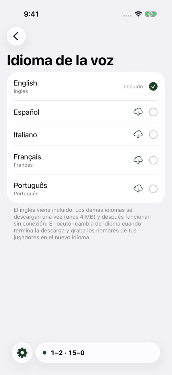 Ajustes de idioma de la voz con inglés, español, italiano, francés y portugués