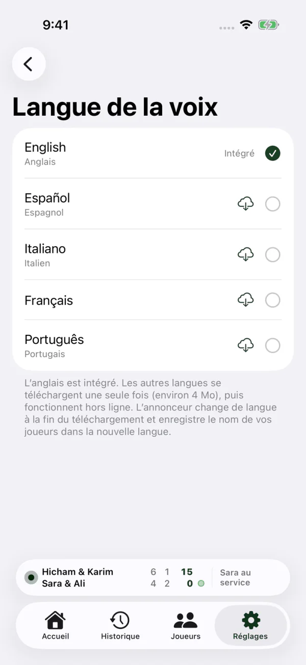 Réglage de la langue de la voix : anglais, espagnol, italien, français et portugais