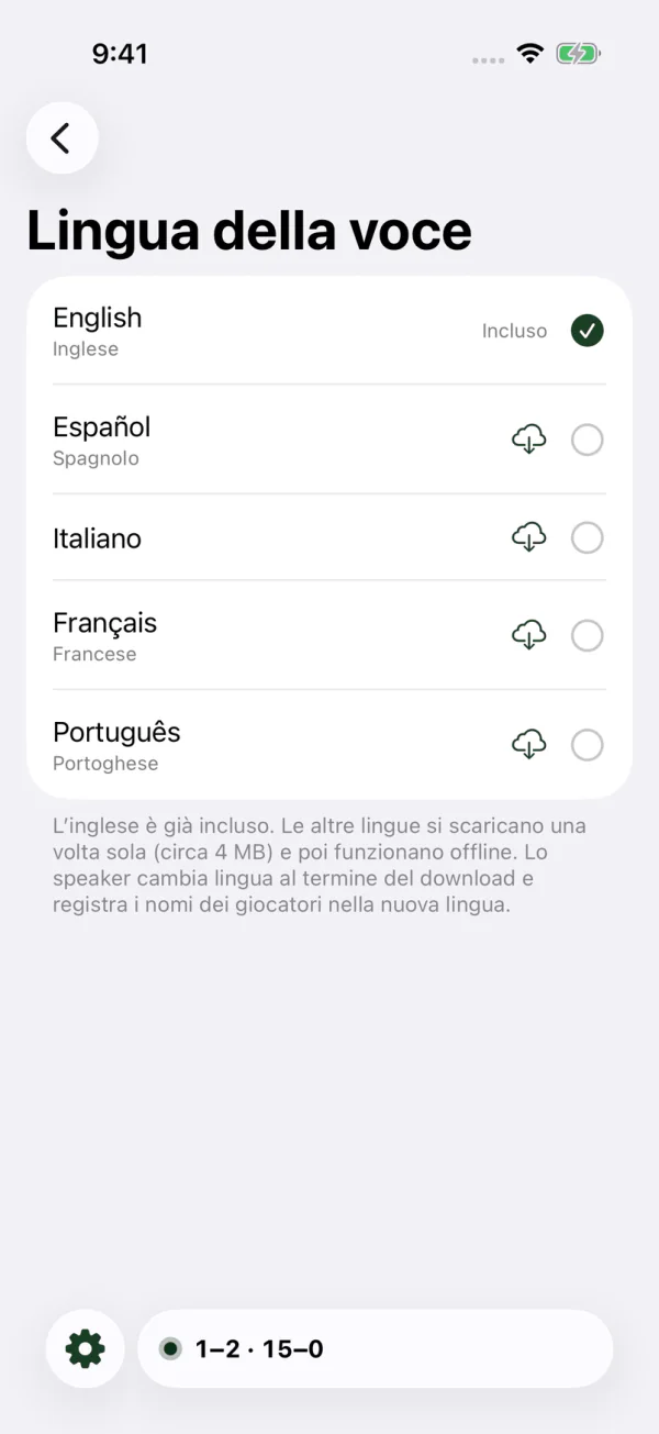 Impostazioni della lingua della voce con inglese, spagnolo, italiano, francese e portoghese