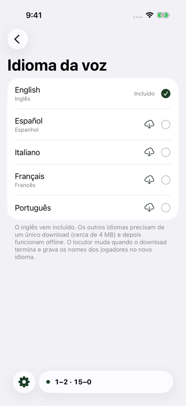 Ajustes do idioma da voz: inglês, espanhol, italiano, francês e português