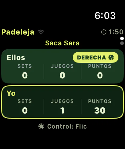 Pantalla de marcador del Apple Watch con sets, juegos y puntos de ambas parejas