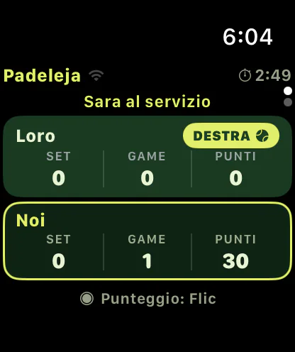 Schermata di Apple Watch con set, game e punti di entrambe le parti