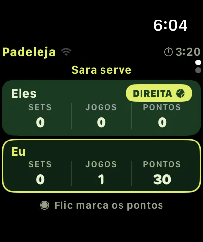 Pontuação no Apple Watch com os sets, os jogos e os pontos de cada lado